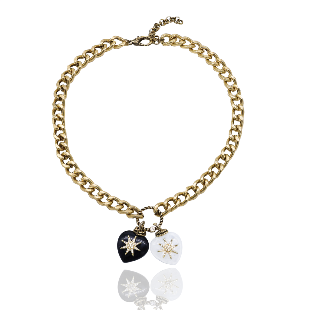 Pole Heart & Star Gold Plated Natural Stone Necklace – Black – White