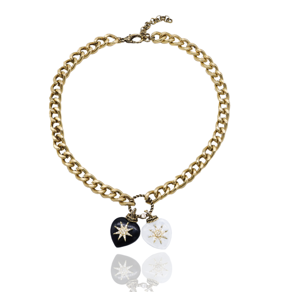 Pole Heart & Star Gold Plated Natural Stone Necklace – Black – White