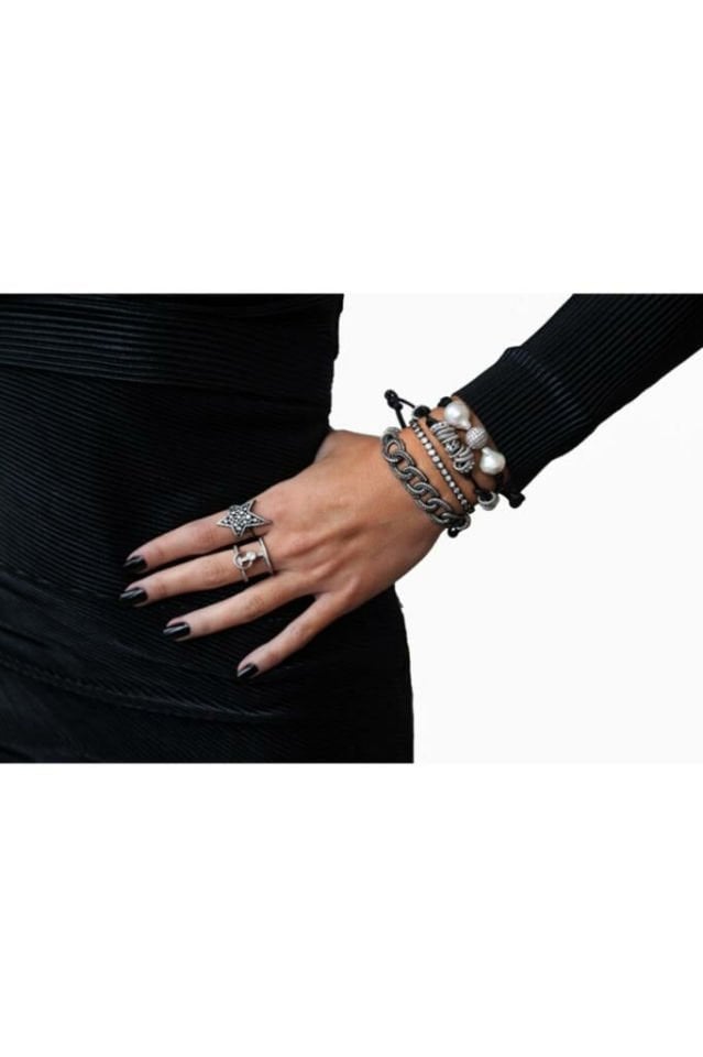 REFIE 925 AYAR GÜMÜŞ SÜSLEMELİ BAROK İNCİ BİLEKLİK - SİYAH